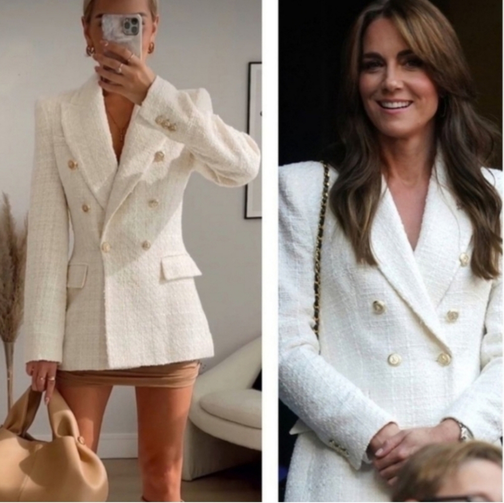 Zara Textured Double Breasted Tweed Blazer Kate Middleton  Size L